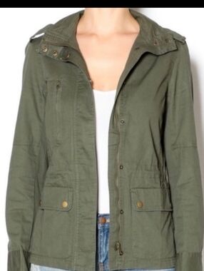 Love Tree Military Olive Green Utility Jacket Pockets Snap Zip Elastic Back Punk